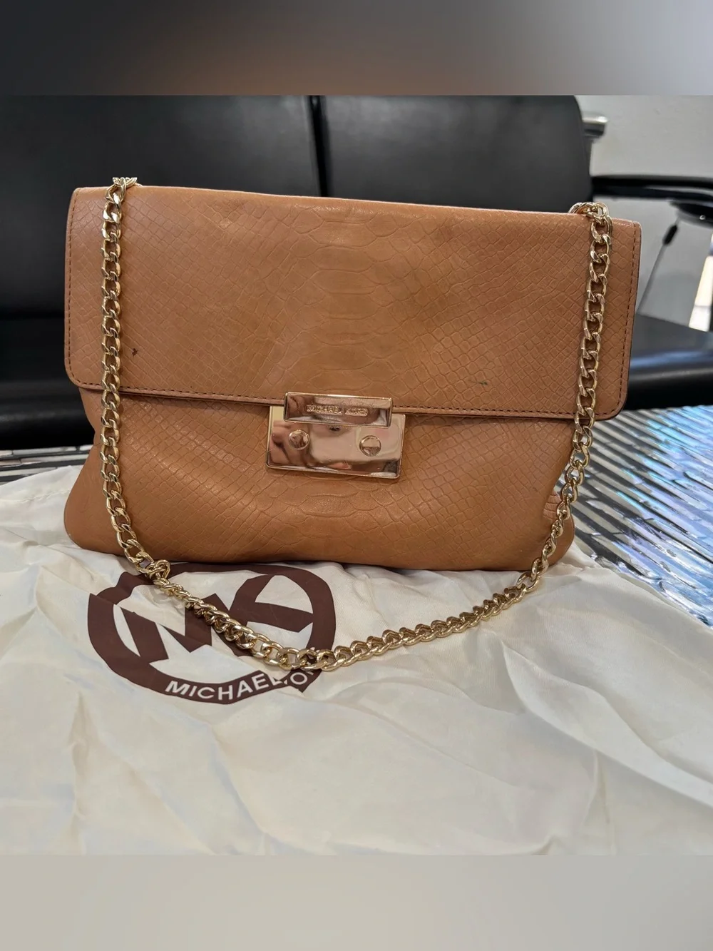 Authentic Michael Kors Cognac Textured Leather Shoulder Bag with Gold Chain